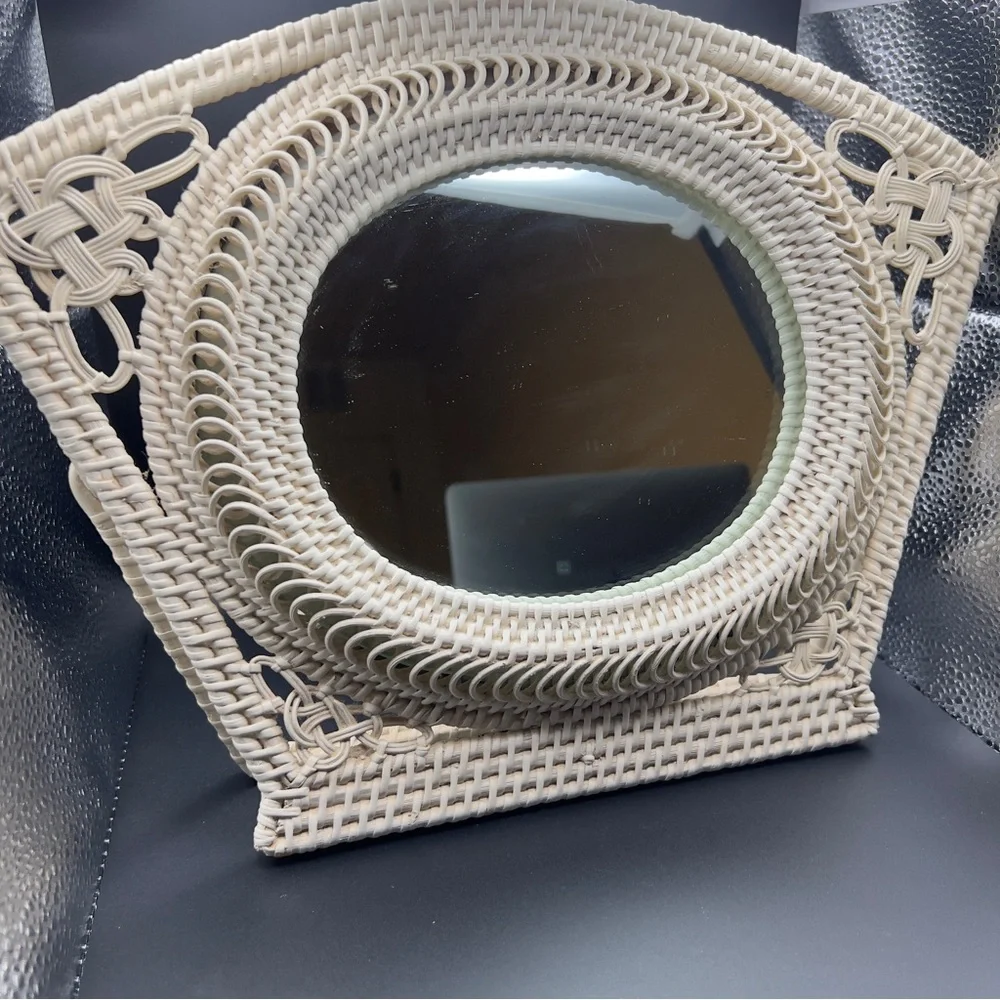 Antique Wicker Vanity Mirror Bathroom Off White 20s Deco 14”x10”